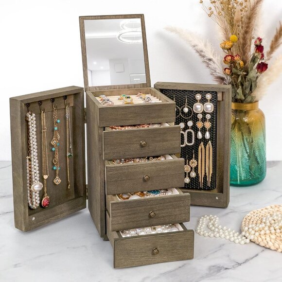 Jewelry Box Wood for Women, 5-Layer Large Organizer Box with Mirror & 4 Drawers - Picture 1 of 8